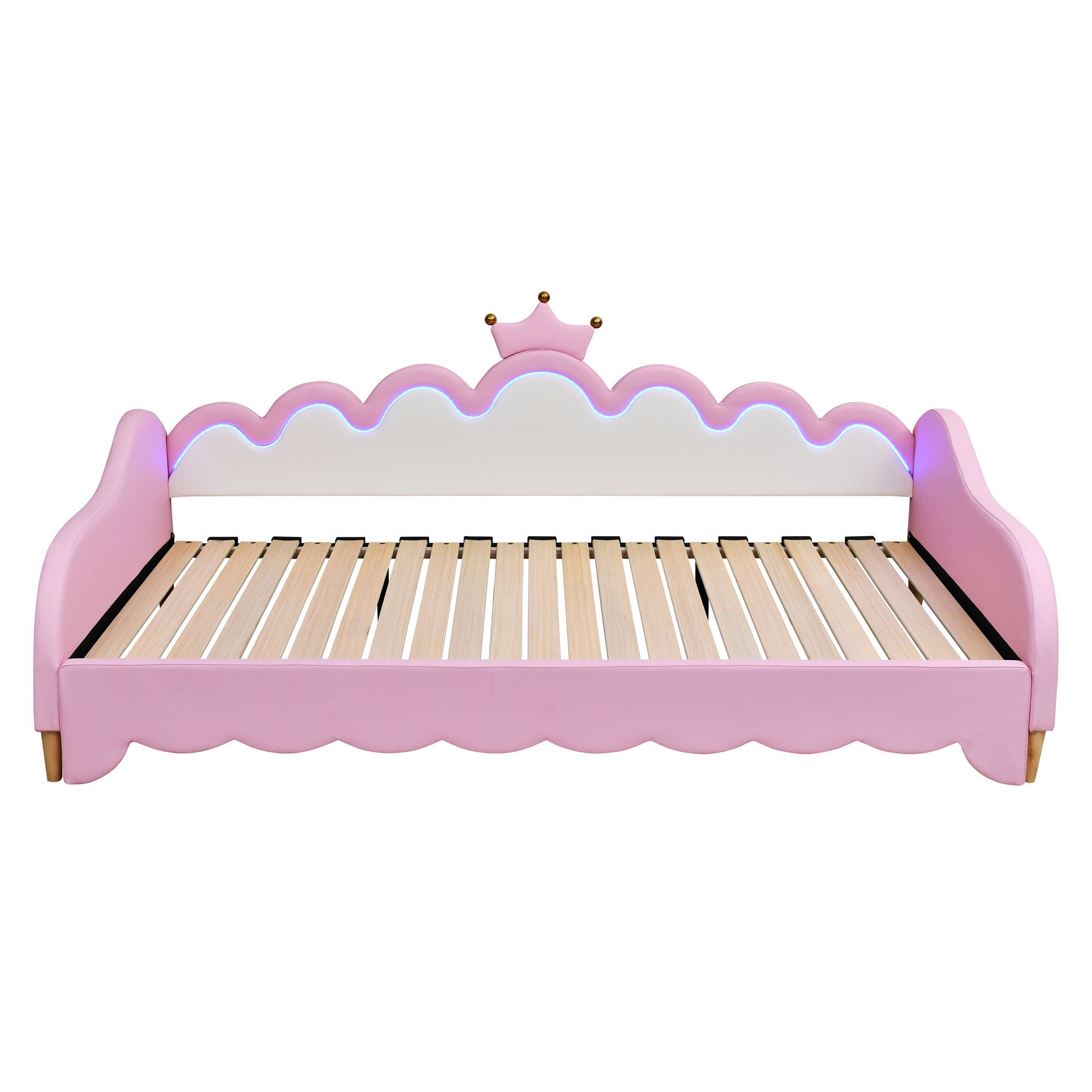 Extending Daybed With LED Lights, Modern Upholstered Princess Daybed With Crown Headboard