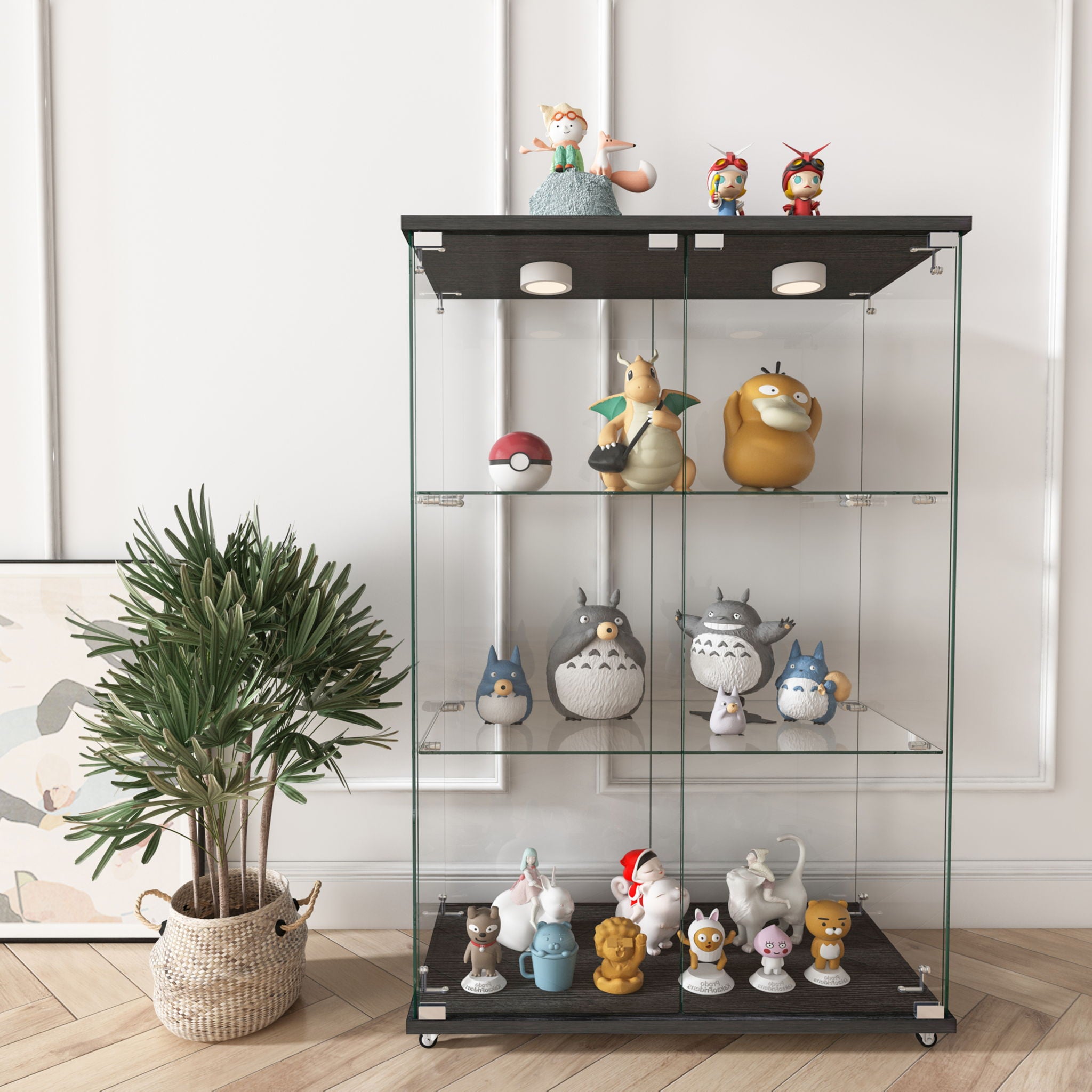 Modern Display Cabinet With LED Lights, Transparent Tempered Glass 2 Door Storage Case With 3 Shelves