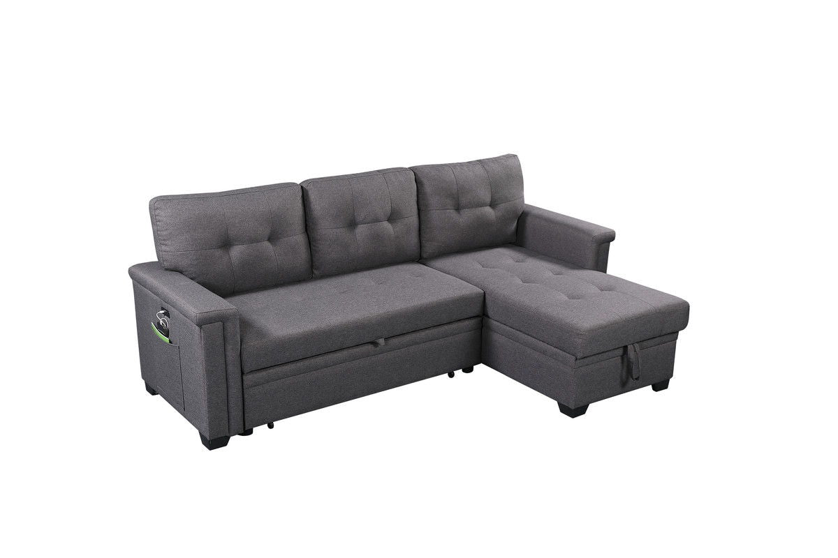 Ashlyn 84"W Dark Gray Reversible Sleeper Sectional Sofa with Storage Chaise, USB Charging Ports and Pocket