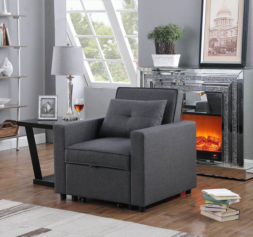 Zoey 33.25"W Dark Gray Linen Convertible Sleeper Chair with Side Pocket