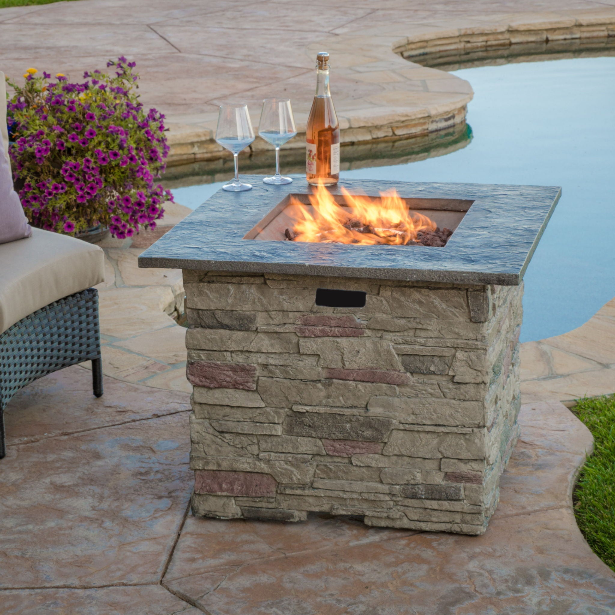 Classic Design Square Fire Pit With Top And 40, 000 Btu Heat Output - Stone Gray