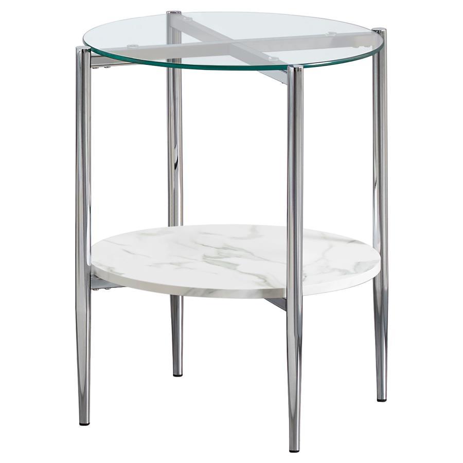 Coaster Fine Furniture Cadee - Round Glass Top End Table - White And Chrome | Meri Furniture