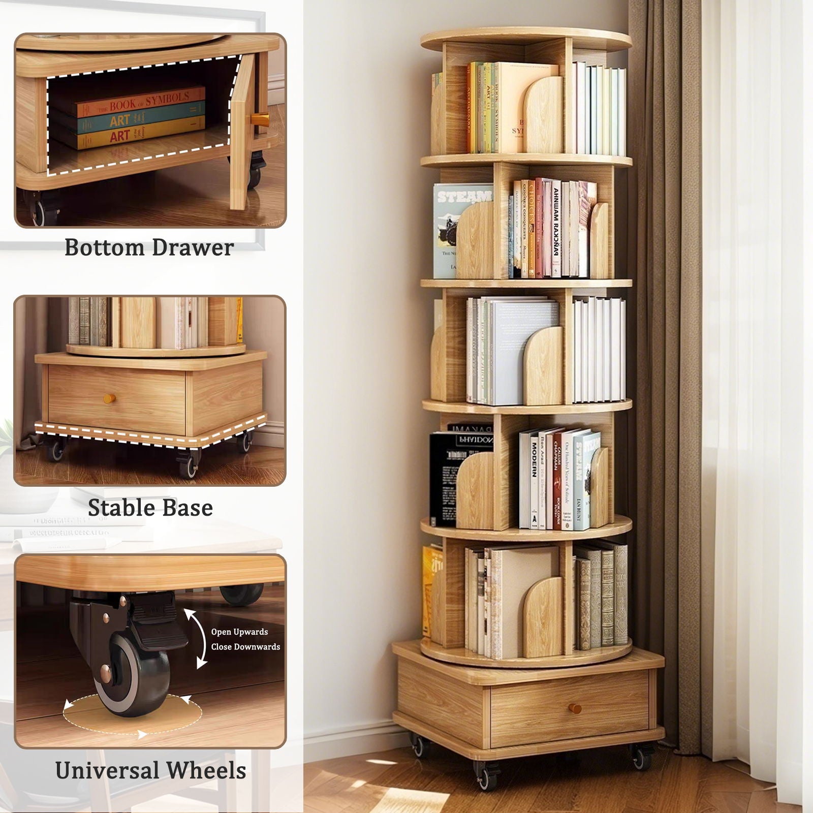 6 Tier Rotating Bookshelf With Wheels And Drawer, 360° Spinning Design, Space Saving Storage, For Home - Wood