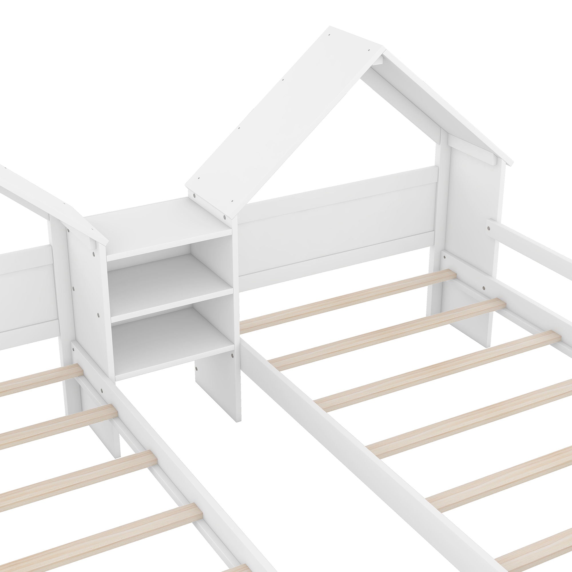 Double Platform Bed With House Shaped Headboard And Built In Nightstand