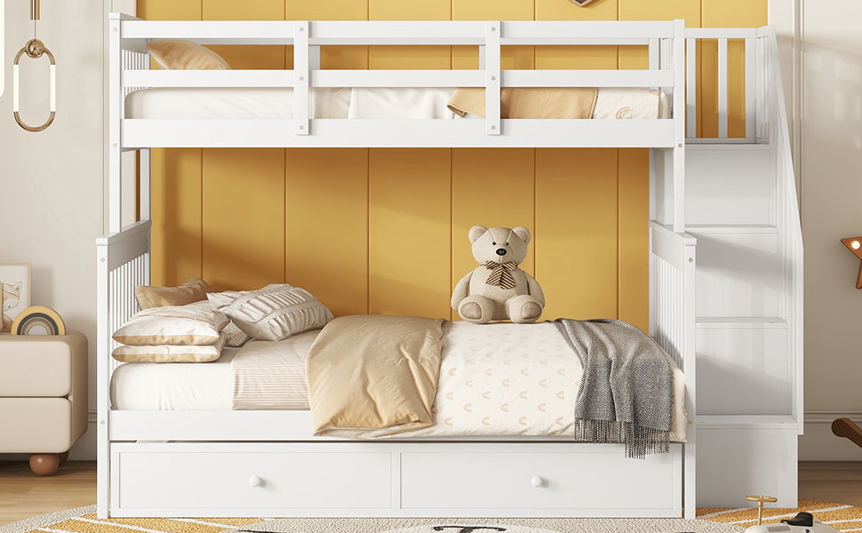 Bunk Bed With Twin Size Trundle, Storage And Guard Rail For Bedroom