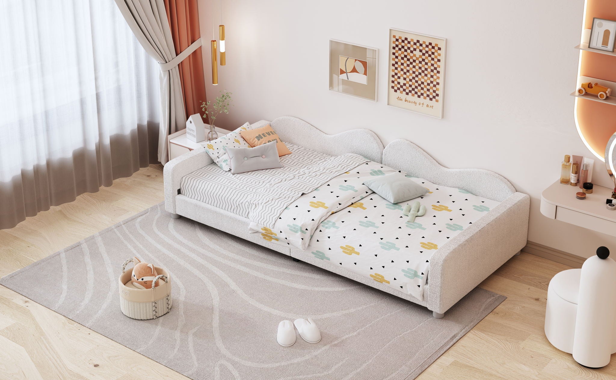 Upholstered Daybed, Sherpa Fabric Sofabed With Cloud-Shaped Backrest