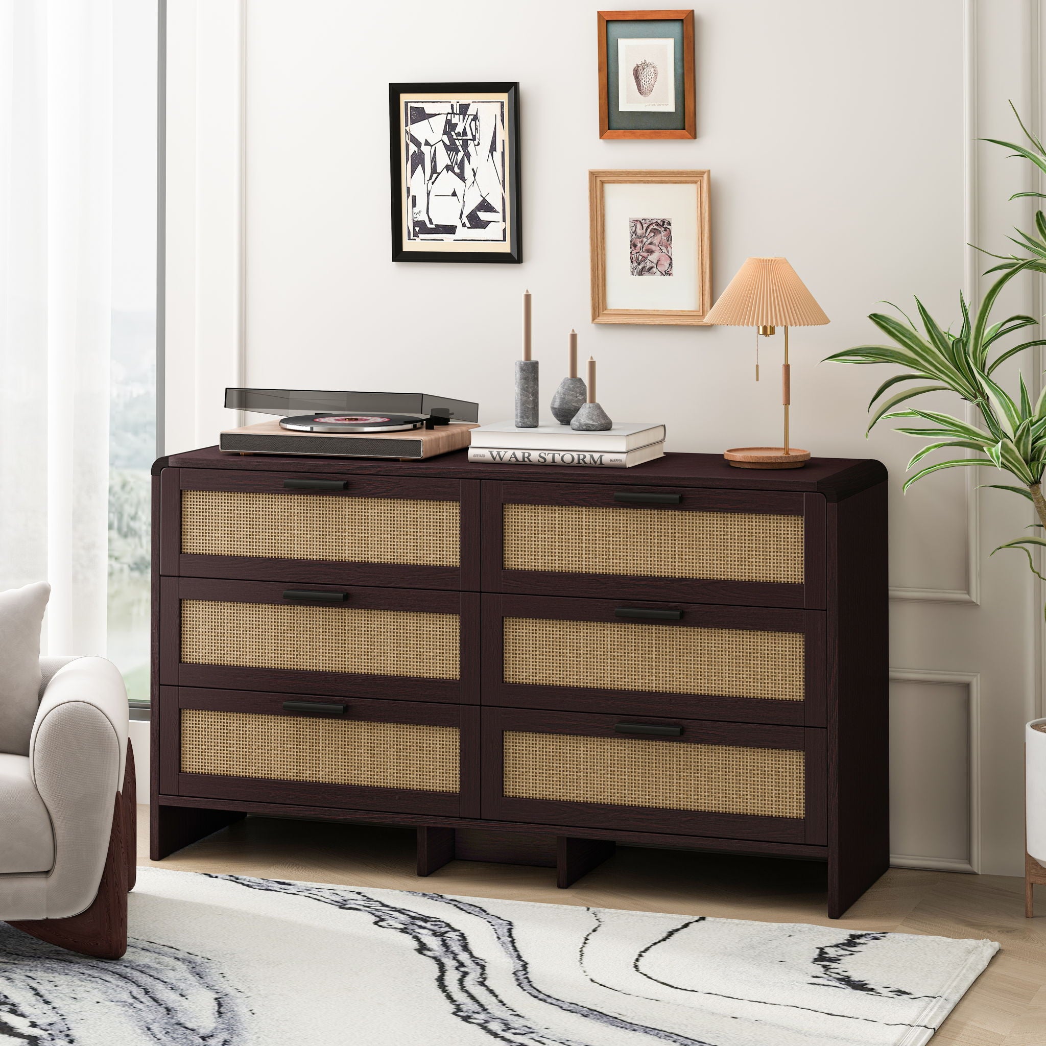 Modern Arc Shaped Corner Rattan Cabinet With 6 Drawers