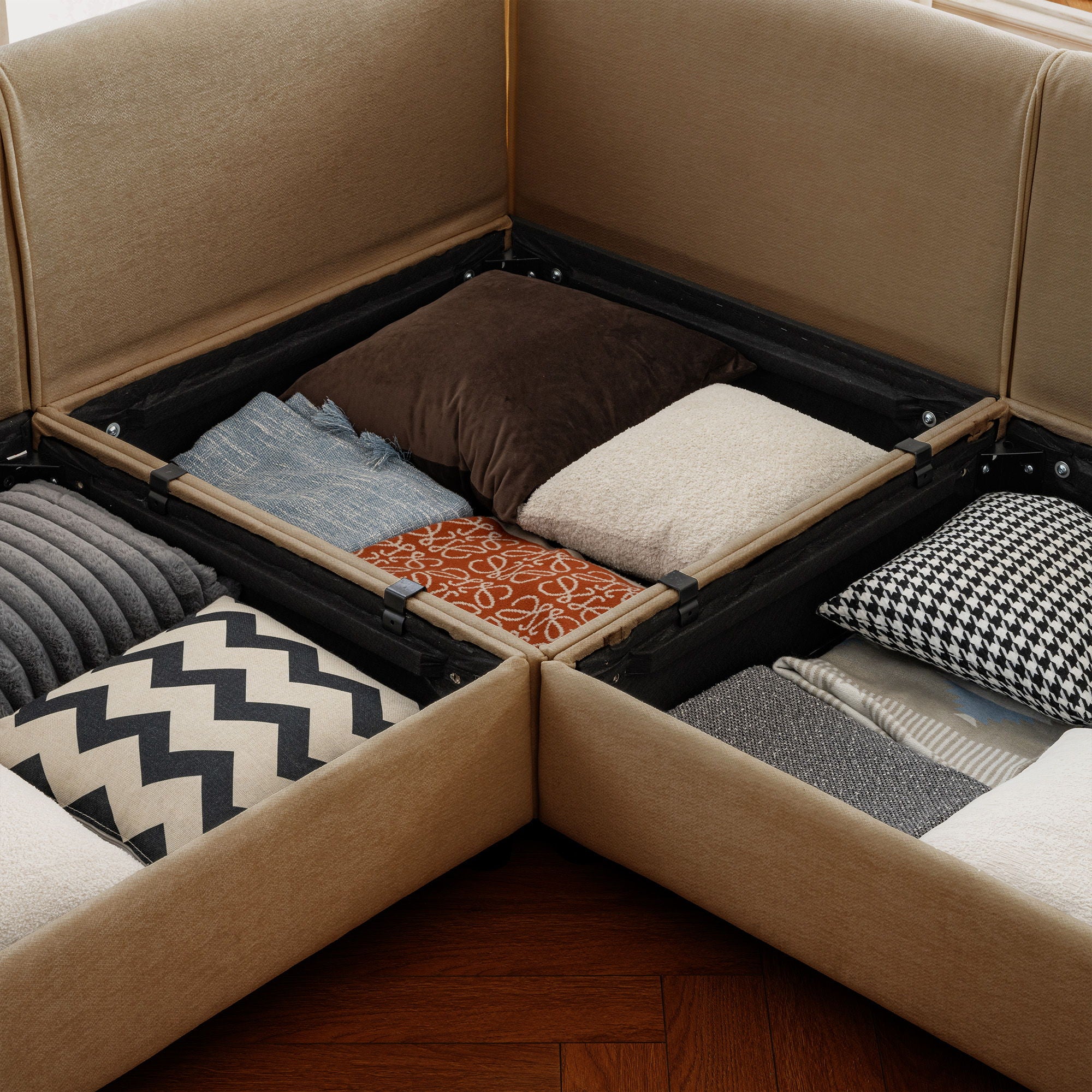 Stylish Chenille Sofa With Storage Seat And Cylindrical Backrest