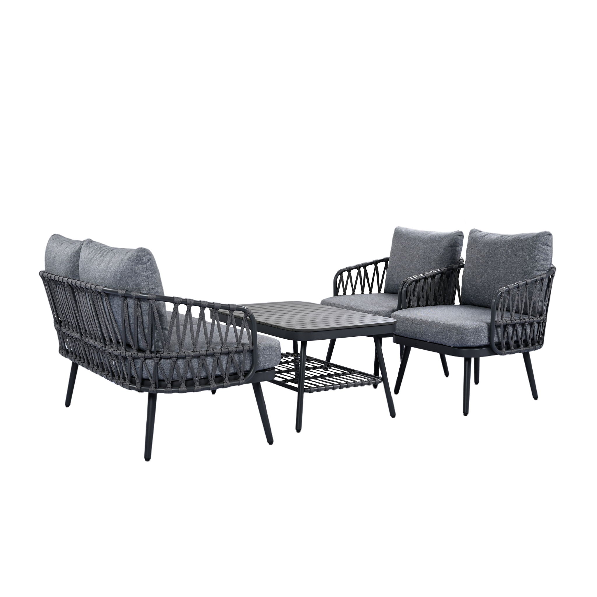 4 Piece Outdoor Patio Furniture Set, Metal Chairs With Woven Rope U Shaped Backrest