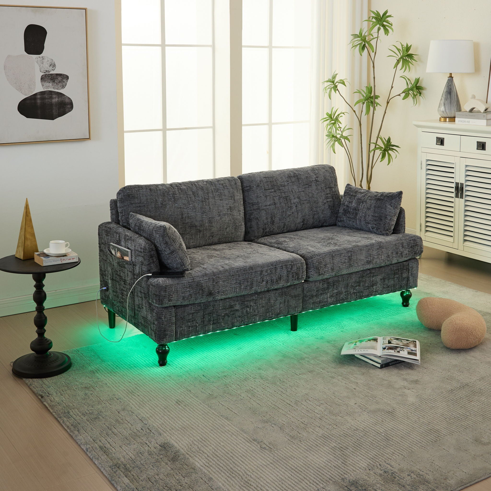 Chenille 2 Seater Sofa With LED Light, USB Charging Port, And Storage Bag
