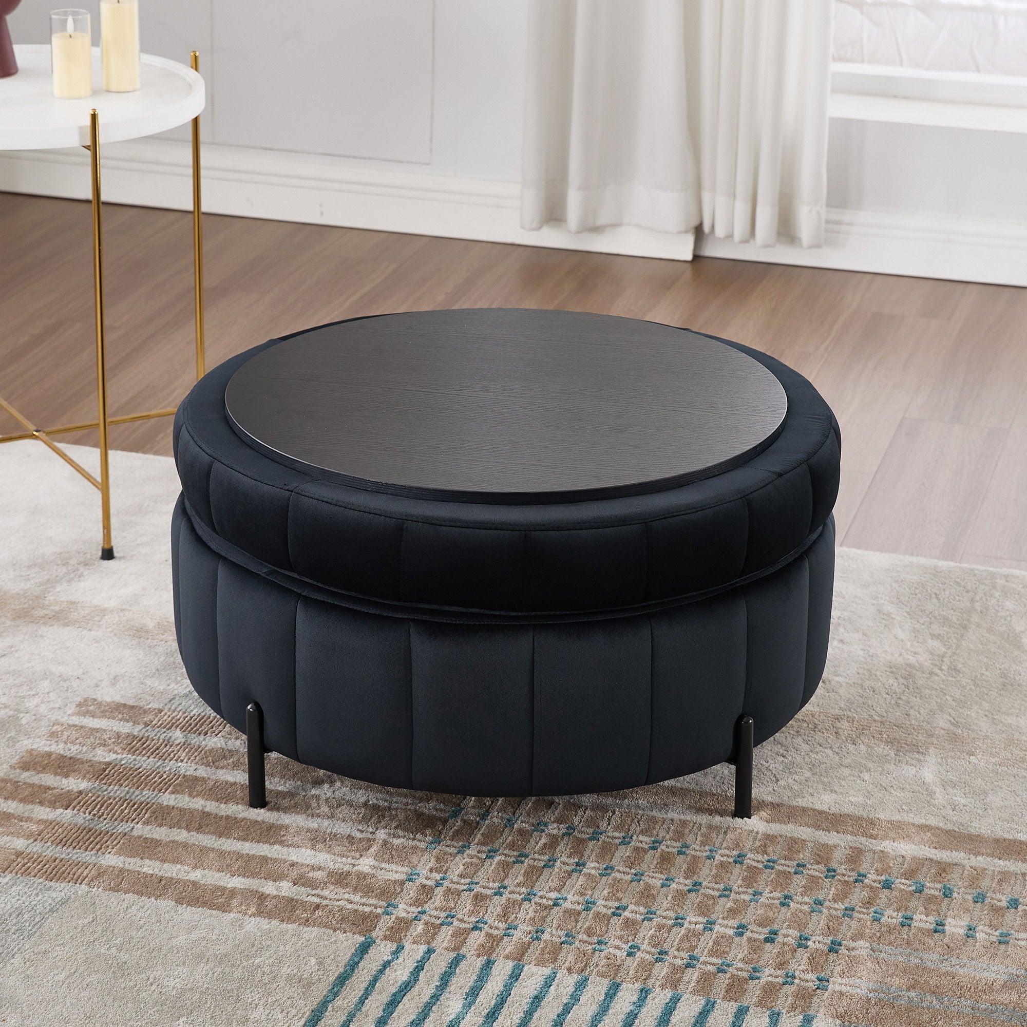 Upholstered Round Ottoman With Reversible Lid, Channel Tufted Pumpkin Shape