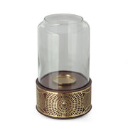 Boho Handcrafted Mango Wood Hurricane Candle Holder With Tempered Glass And Metal Accents - Brown