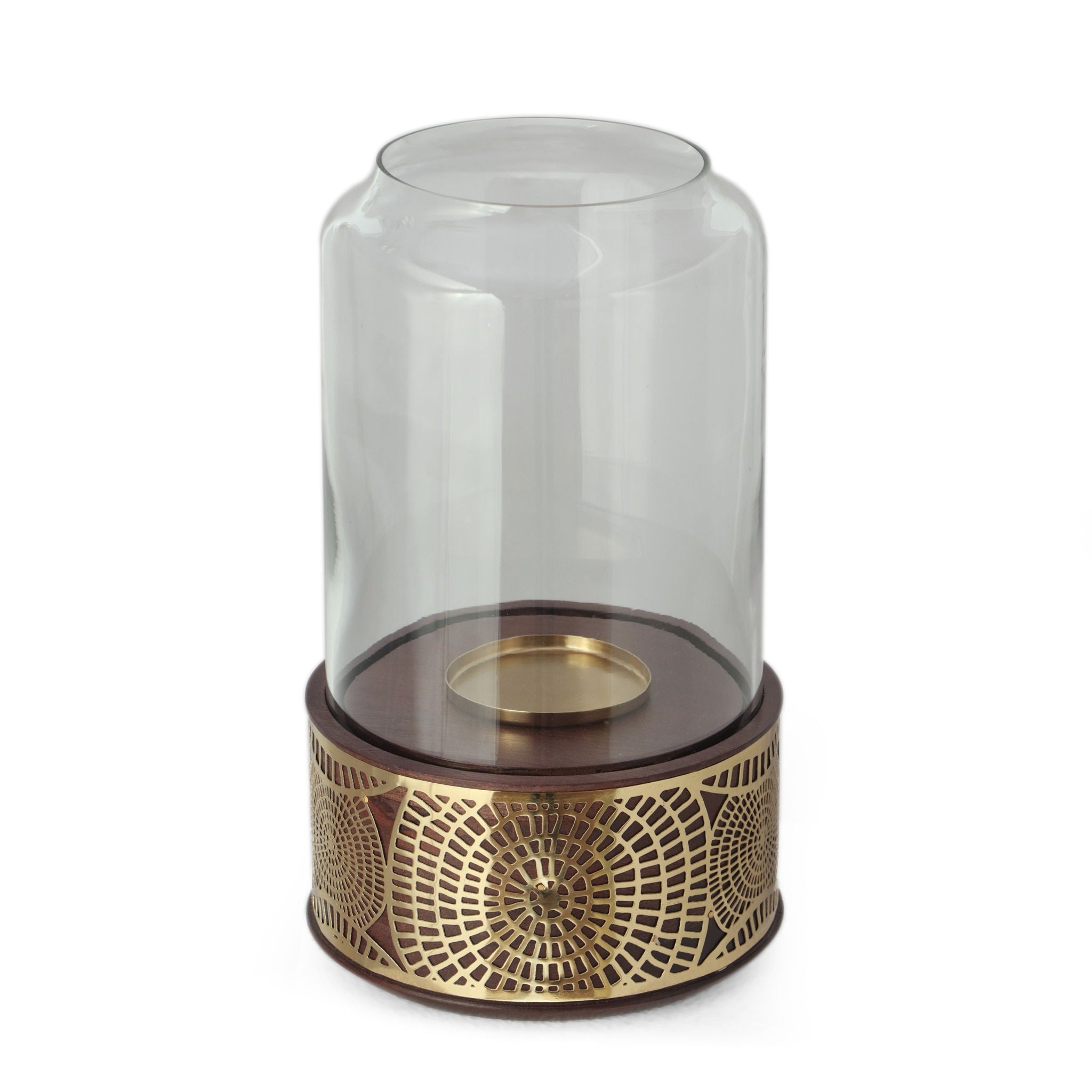 Boho Handcrafted Mango Wood Hurricane Candle Holder With Tempered Glass And Metal Accents - Brown