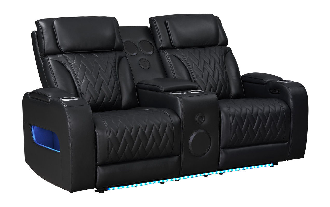Jazz 74"W Black Leather Aire Transformer Power Reclining Loveseat with Power Headrest, Bluetooth Speakers, LED Lights, USB & USB-C Ports, Storage & Cupholders