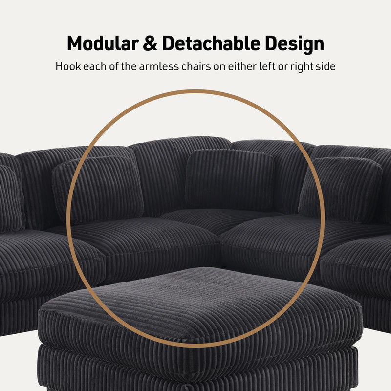 Sloane 151"W Charcoal Corduroy Fabric Reversible L-Shape Modular Sectional Sofa with Ottoman