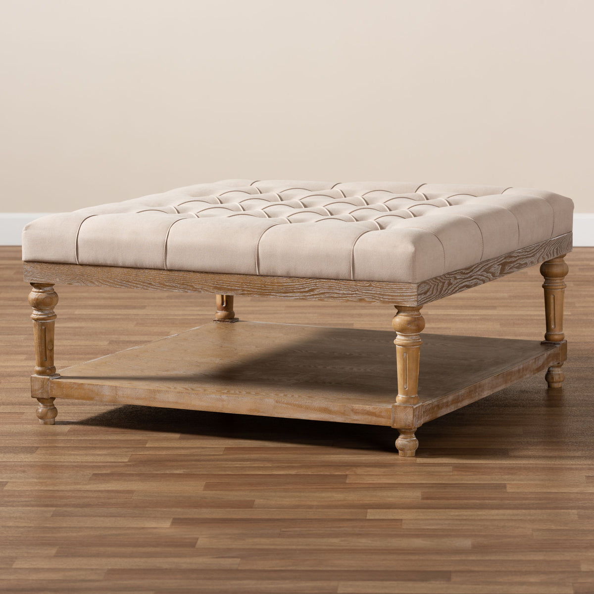 Kelly Modern and Rustic Beige Linen Fabric Upholstered and Greywashed Wood Cocktail Ottoman