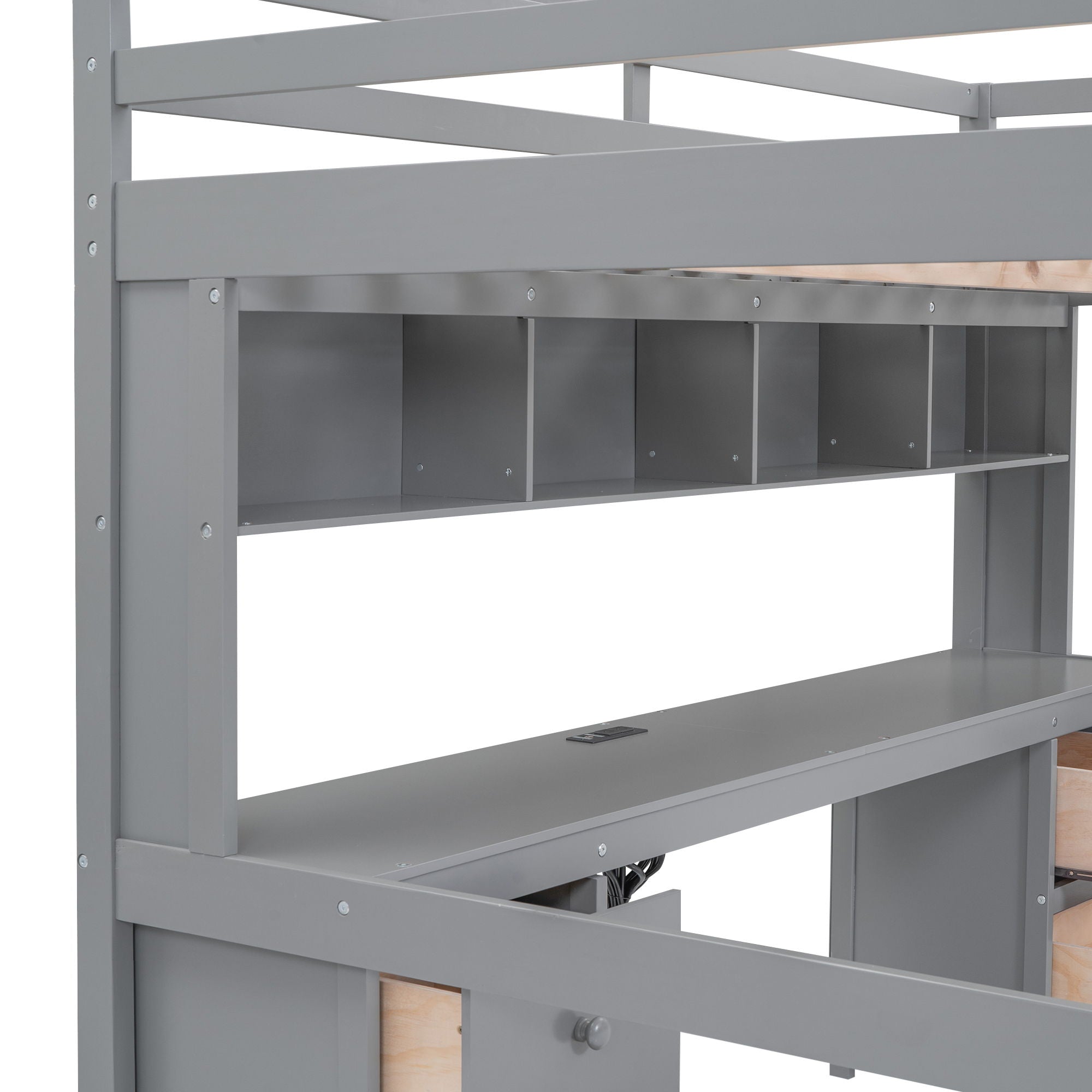 Loft Bed With Desk, Cabinets, Drawers, Charging Station And Bedside Tray