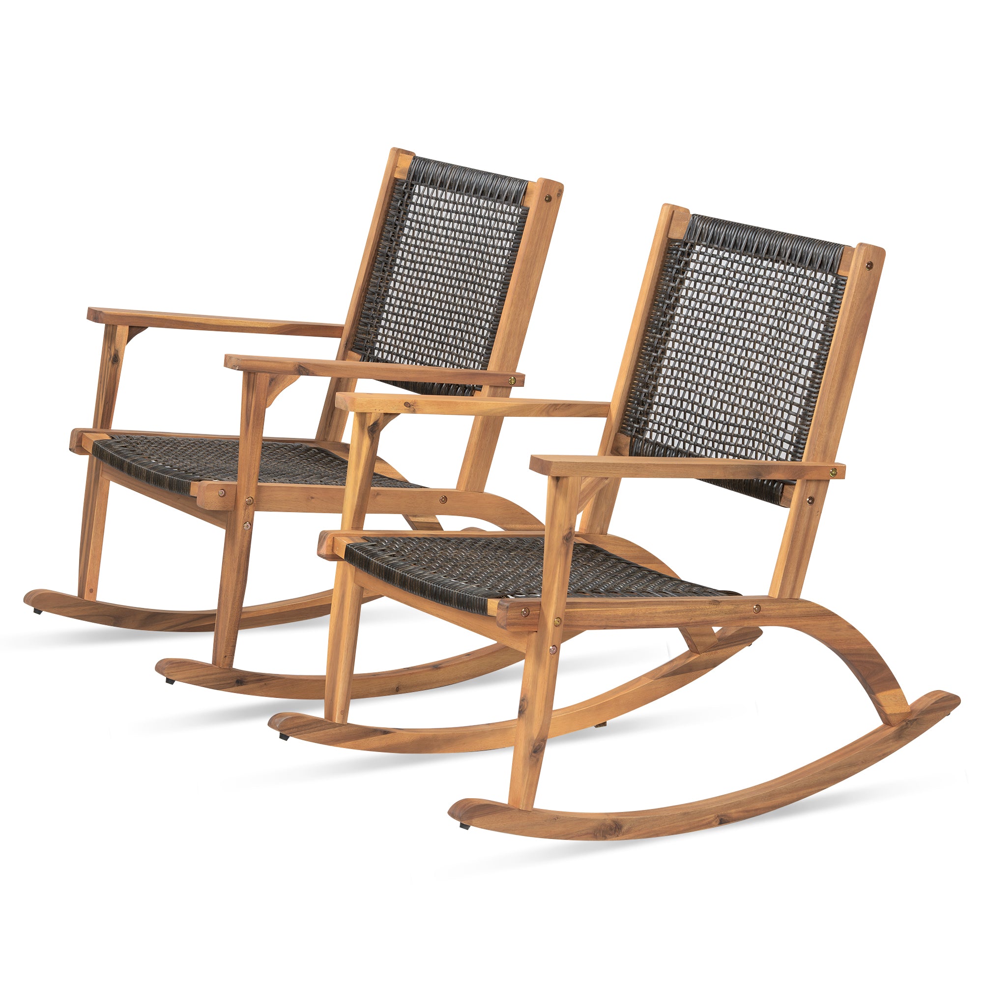 2-Pieces Patio Rocking Chair Set, Acacia Wood Outdoor Rockers with Wicker Rattan Seat & Backrest