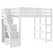 Loft Bed With 4 Layer Shelves, Storage Staircase, Small Wardrobe And LED Light
