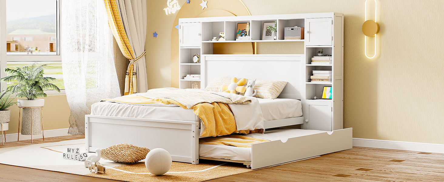 Bed With All In One Cabinet, Shelf And Sockets, Twin Long Trundle
