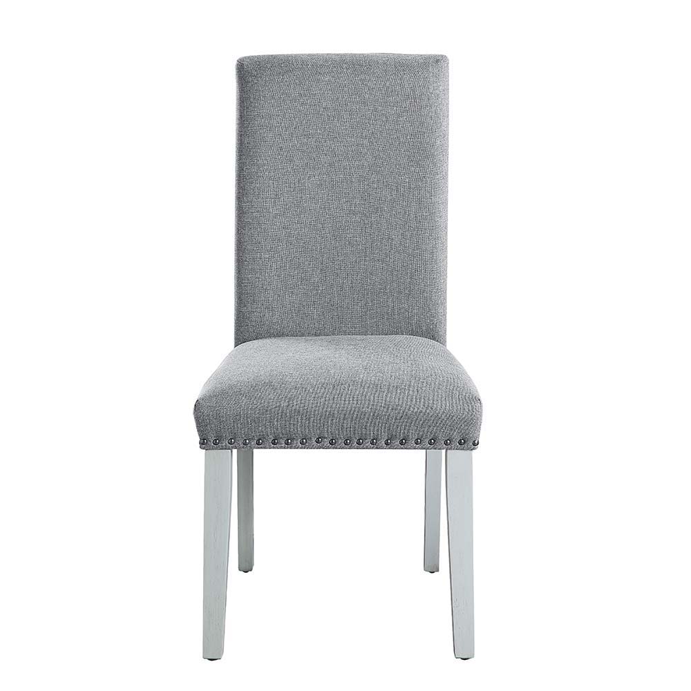 ACME Lanton - Side Chair (Set of 2) - Gray Linen & Antique White Finish | Meri Furniture