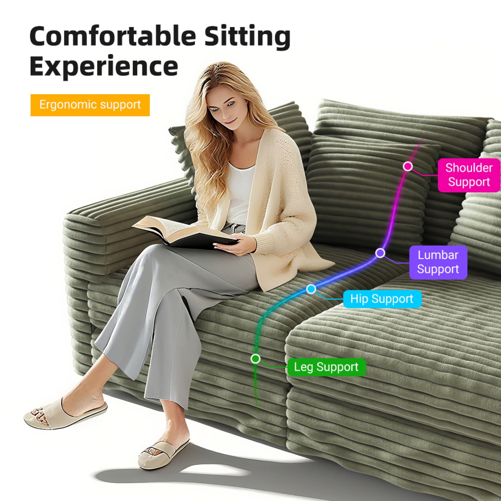 Plush Corduroy 4 Seat Sofa, Modern Comfy Upholstered Sofa Cloud Couch, Deep Seat Couches With Soft Pillows