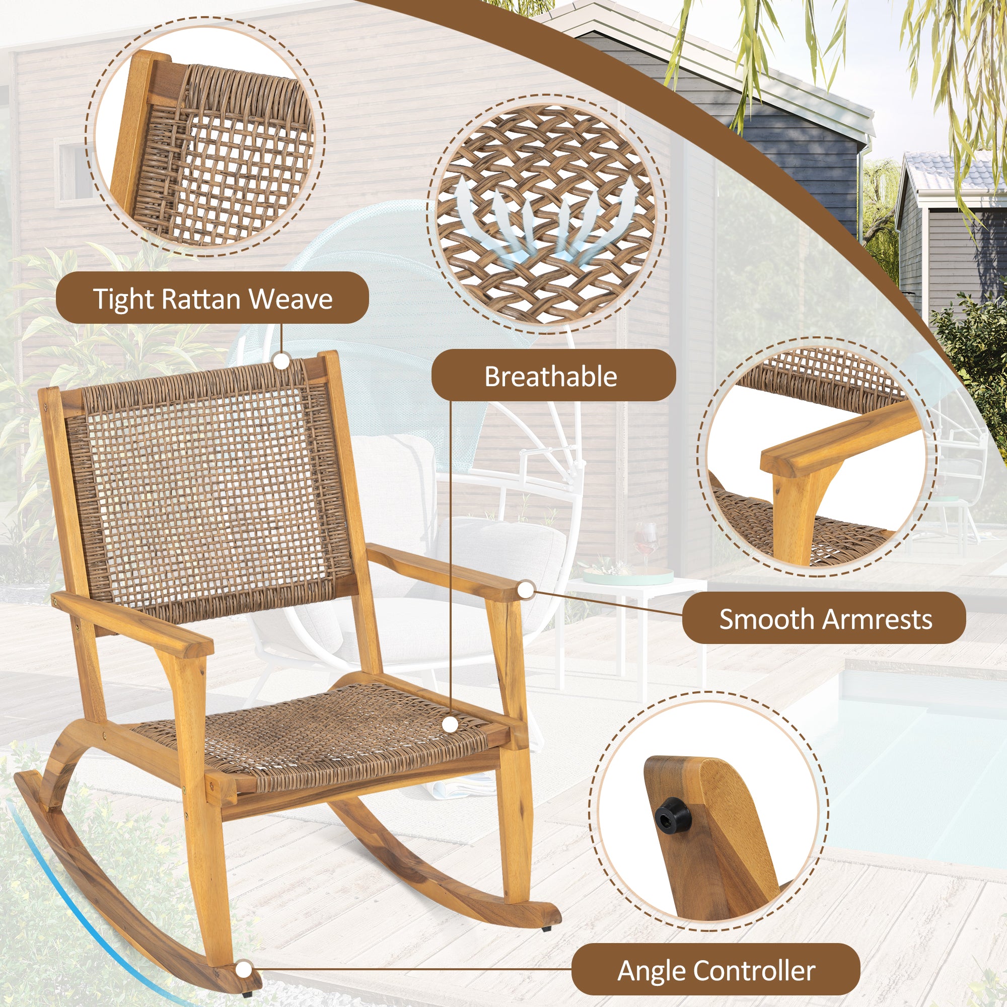 2-Pieces Patio Rocking Chair Set, Acacia Wood Outdoor Rockers with Wicker Rattan Seat & Backrest