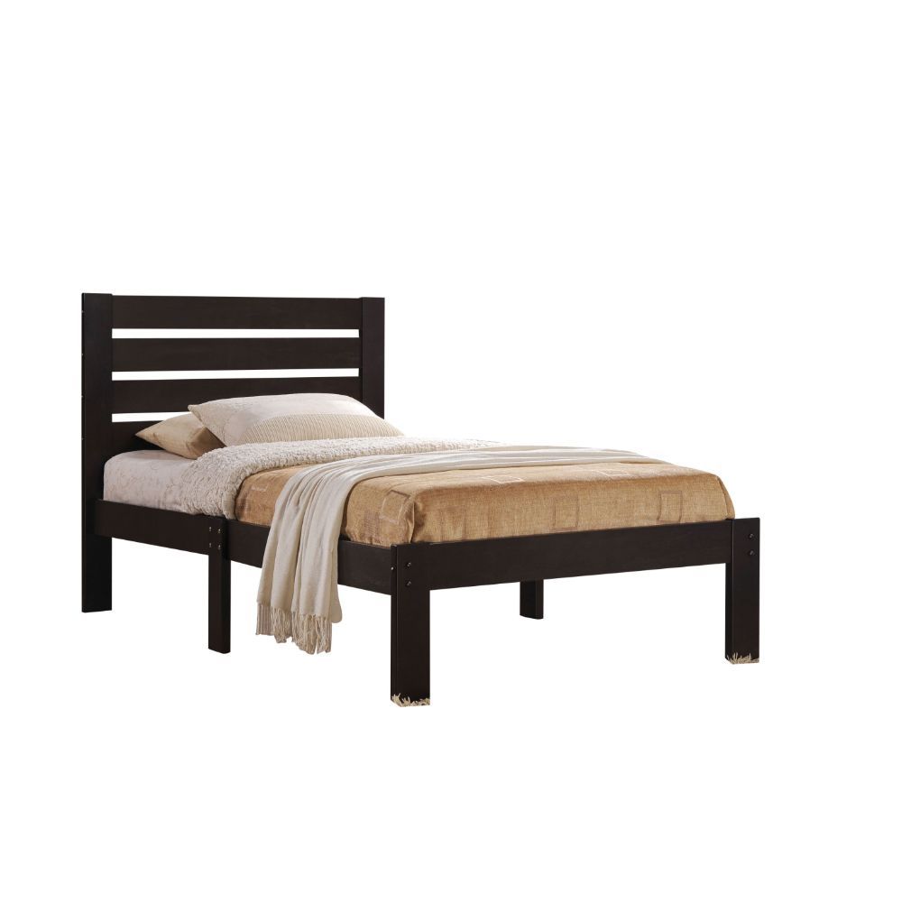 ACME The Kenney bed creates a clean and casual look that will match any bedroom decor. Features wooden slatted headboard, low profile footboard, and is carefully crafted with selected wood and veneers. Box Spring not required. | Meri Furniture