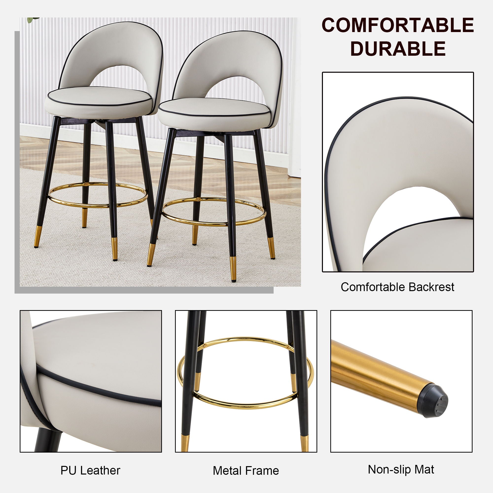 Modern Upholstered 360° Rotatable Bar Chair With Metal Legs For Dining Room (Set of 2)