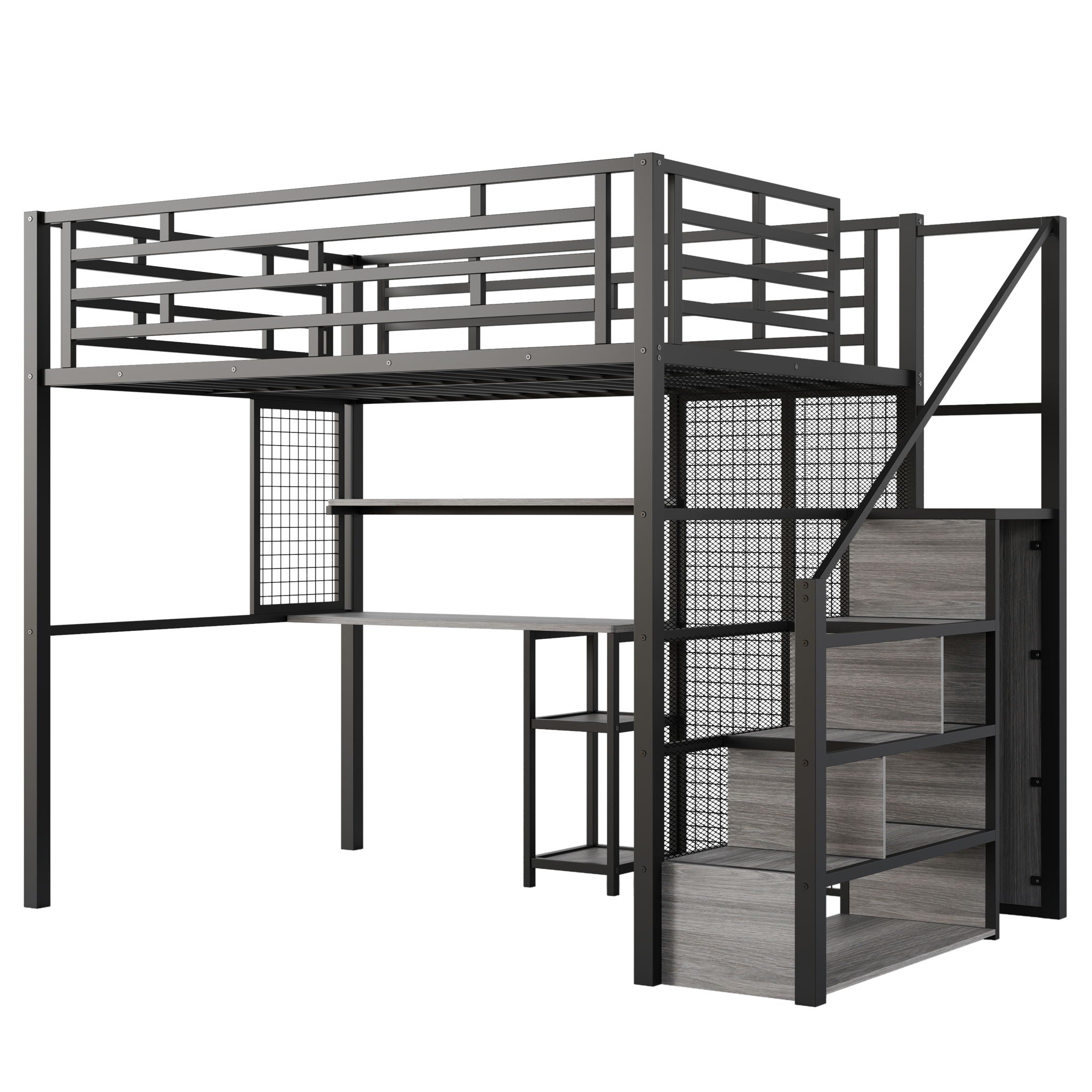 Metal Loft Bed With Wardrobe, Desk, Storage Shelves