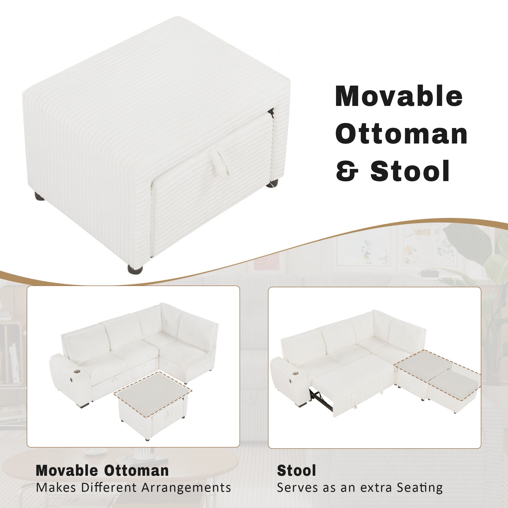 Pull-Out L-Shaped Sectional Sofa With Movable Ottoman And Stool, Large Storage Space, A Cup Holder, And 2 USB Ports For Living Room