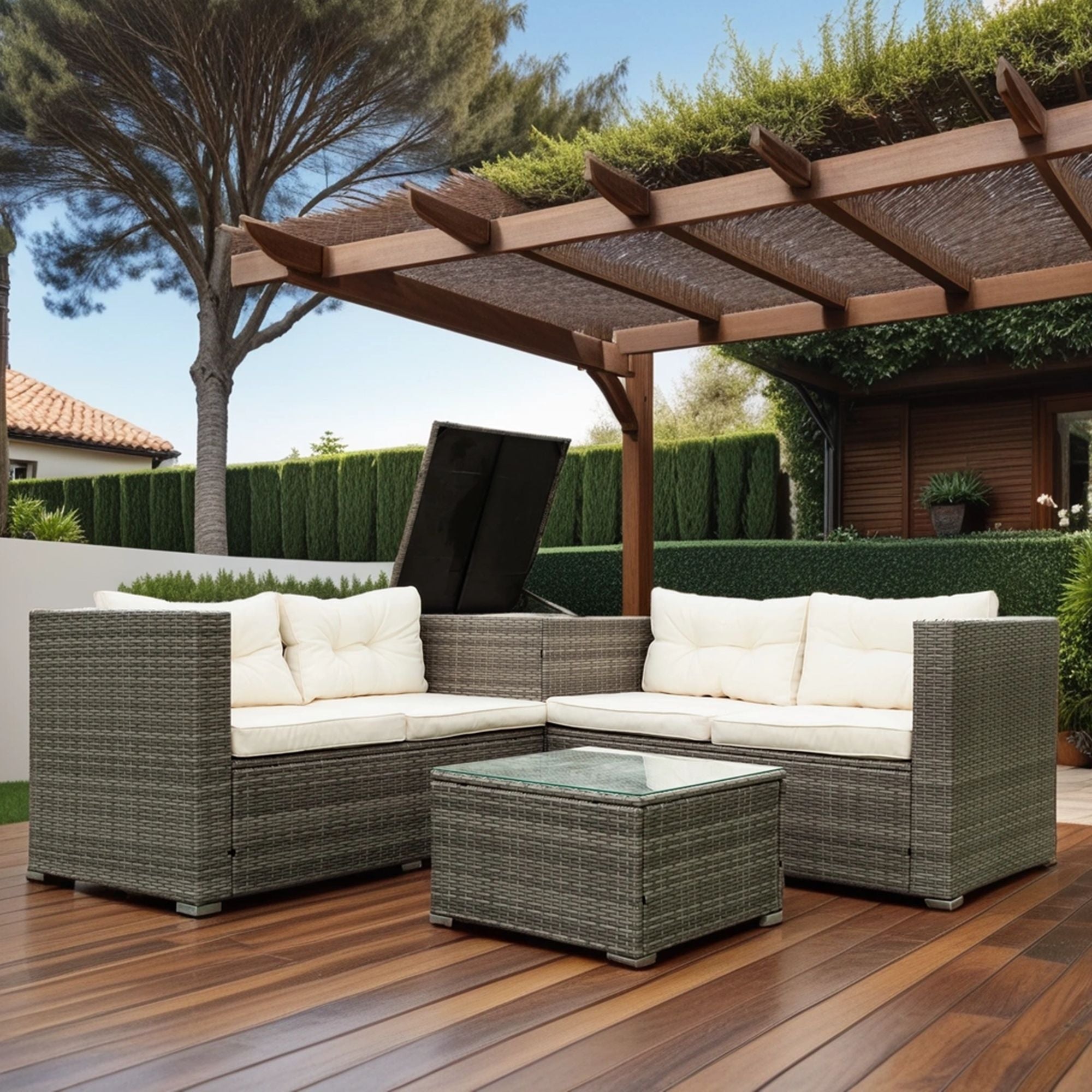 4 Piece Patio Sectional Wicker Rattan Outdoor Furniture Sofa Set With Storage Box
