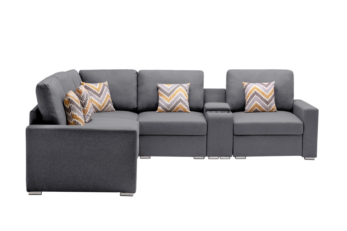 Nolan 106"W Gray Linen Fabric 6Pc Reversible Sectional Sofa with a USB, Charging Ports, Cupholders, Storage Console Table and Pillows and Interchangeable Legs