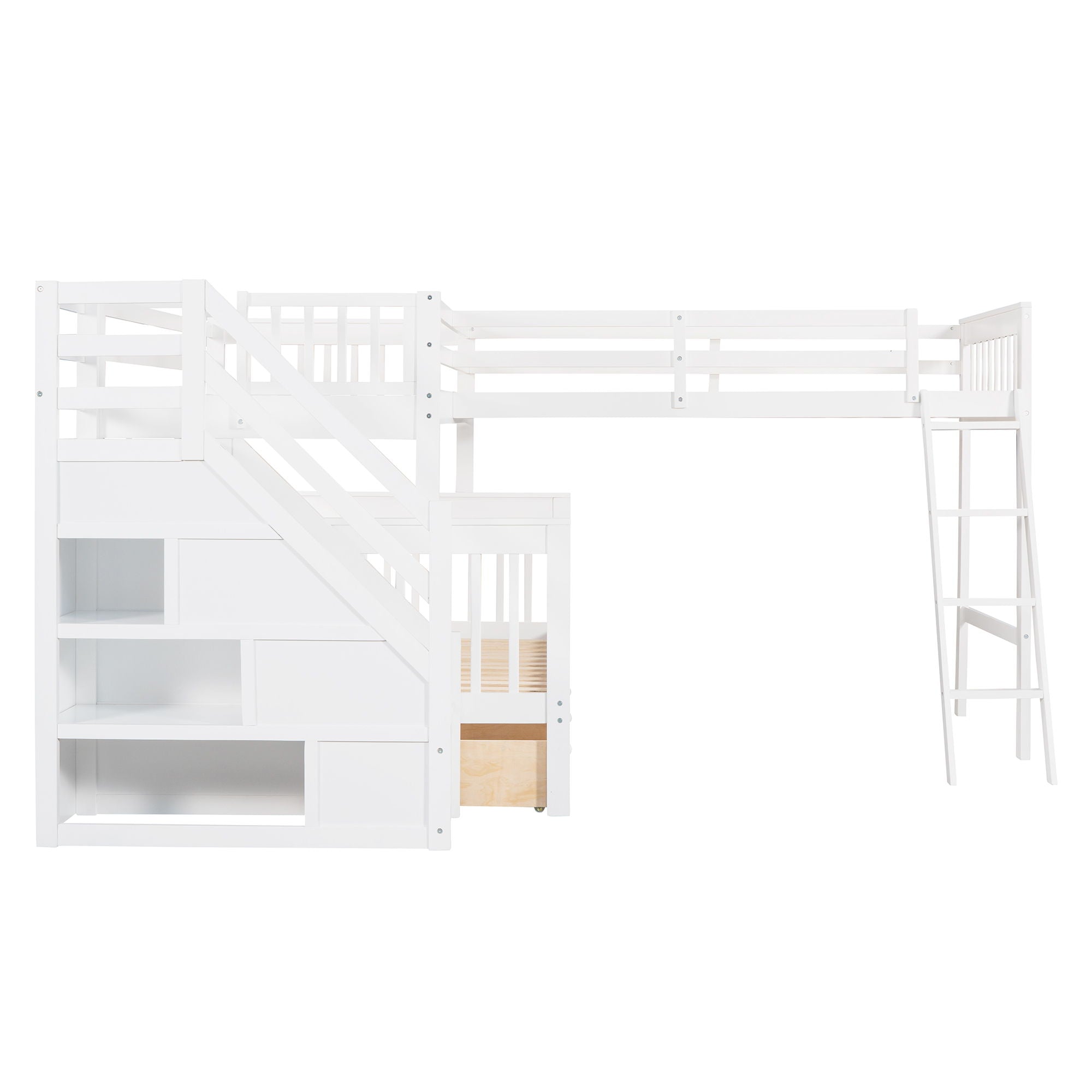 Solid L Shaped Bunk Bed With 3 Drawers, Ladder And Staircase
