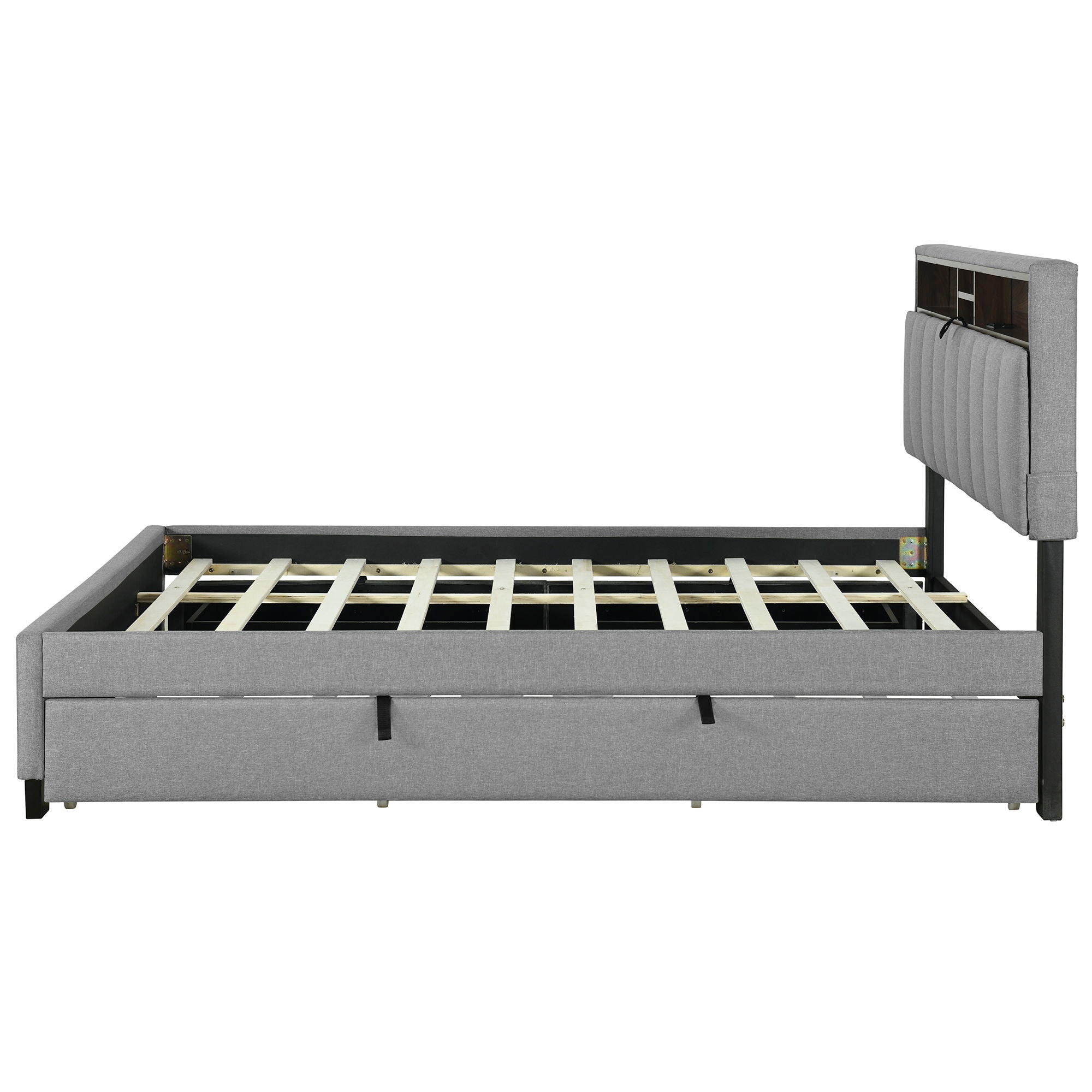 Upholstered Platform Bed With Storage Headboard, Trundle & 2 Drawers And A Set Of Sockets & USB Ports
