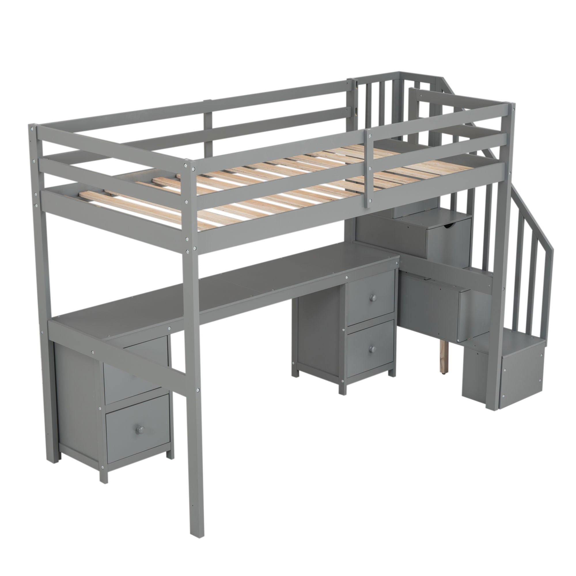 Loft Bed Frame With Built In Desk And Double Storage Drawers