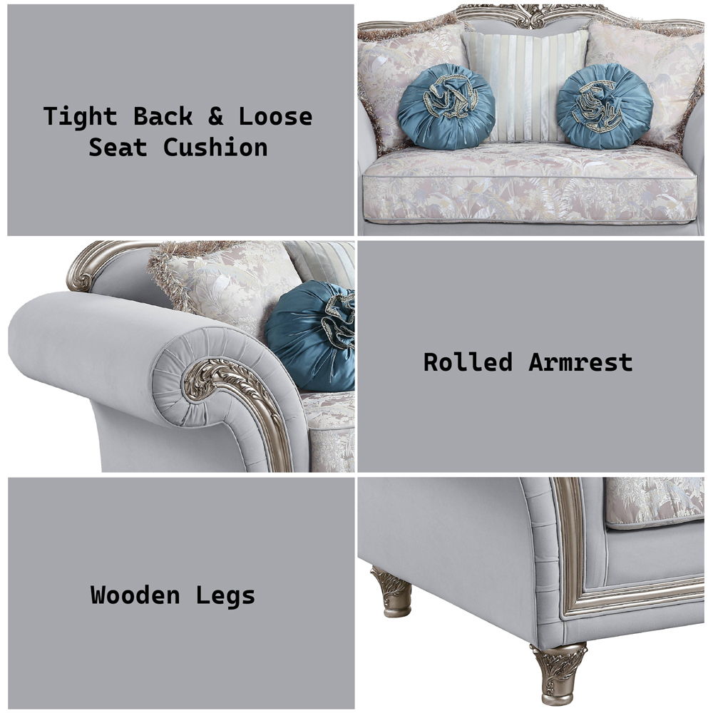 Pelumi - Loveseat With 5 Pillows - Light Gray Linen & Platinum