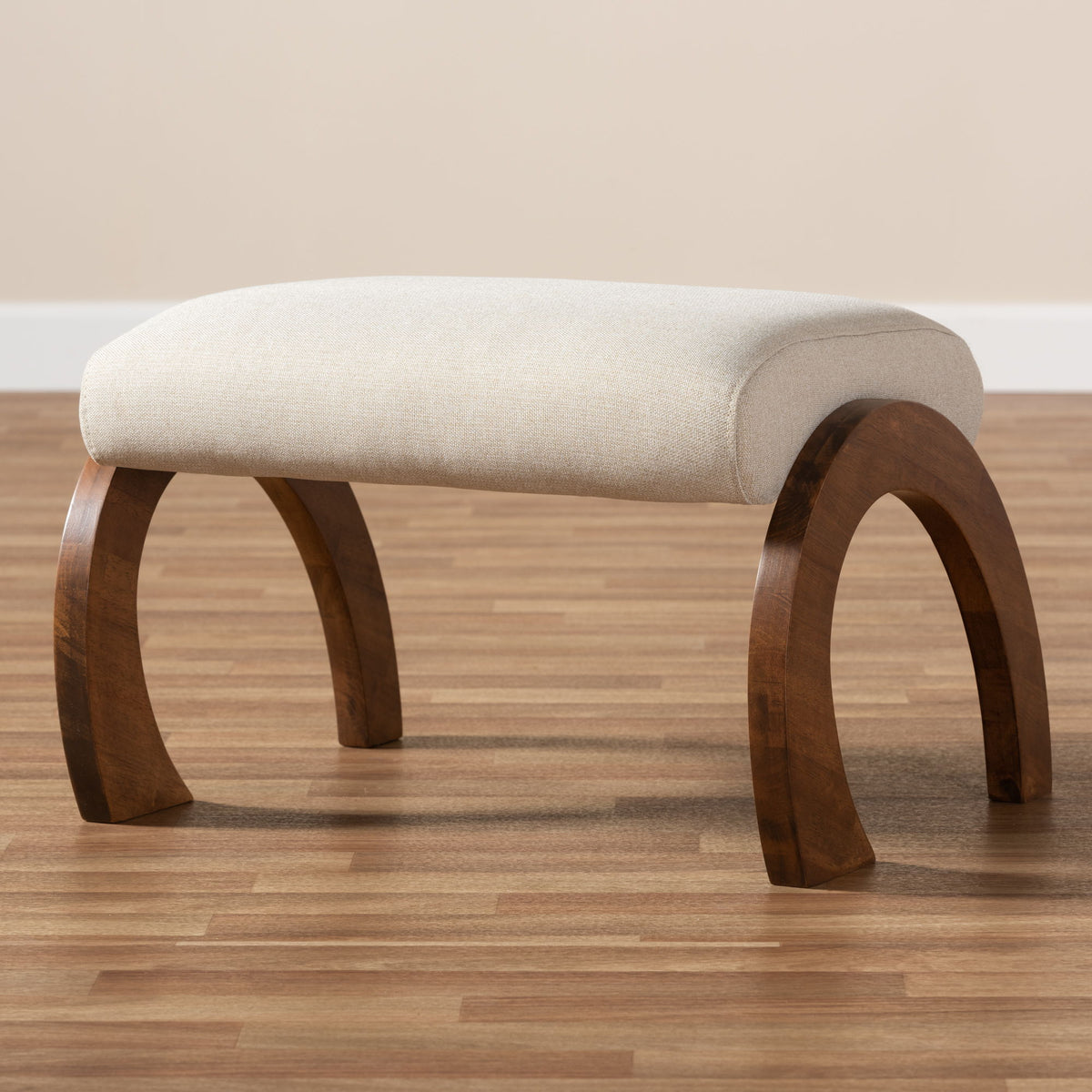 Sandrine Modern and Contemporary Light Beige Fabric Upholstered Walnut Brown Finished Wood Ottoman