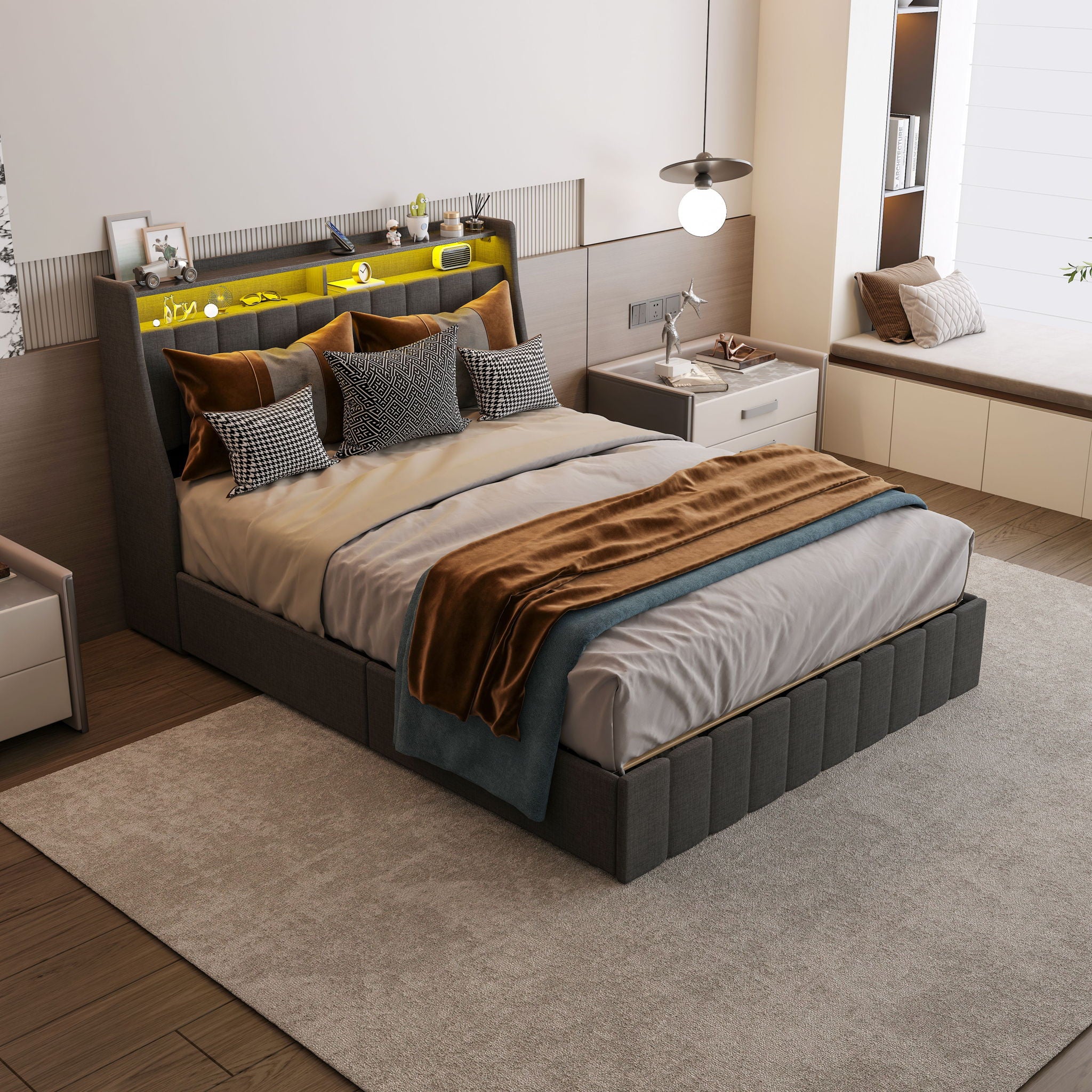 Bed With LED Lights, 4 Drawers, Winged Headboard Upholstered