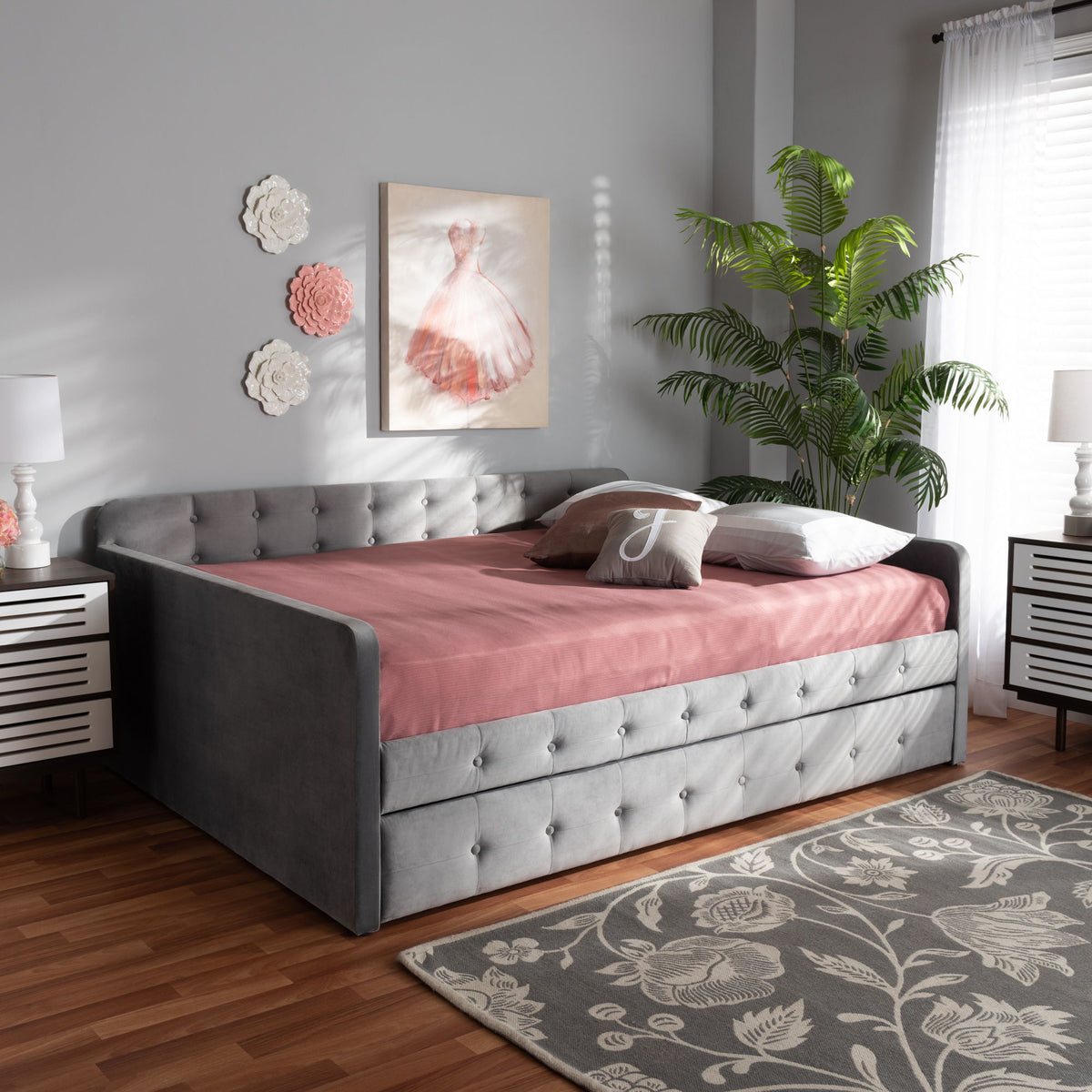 Jona Modern and Contemporary Transitional Grey Velvet Fabric Upholstered and Button Tufted Full Size Daybed with Trundle