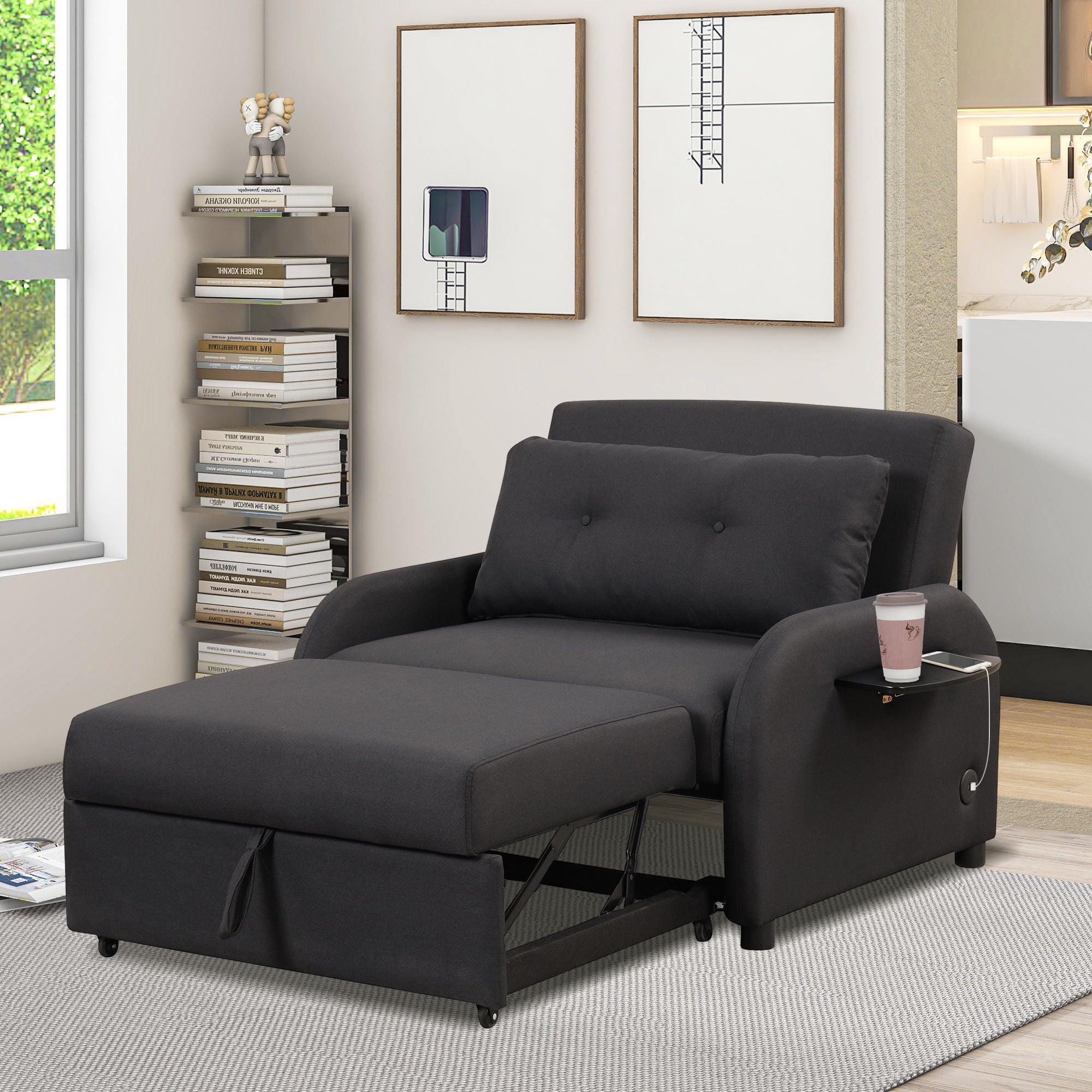 Versatile Pull Out Sofa Sleeper 3 In 1 With Wing Table & USB Charge, Compact Design