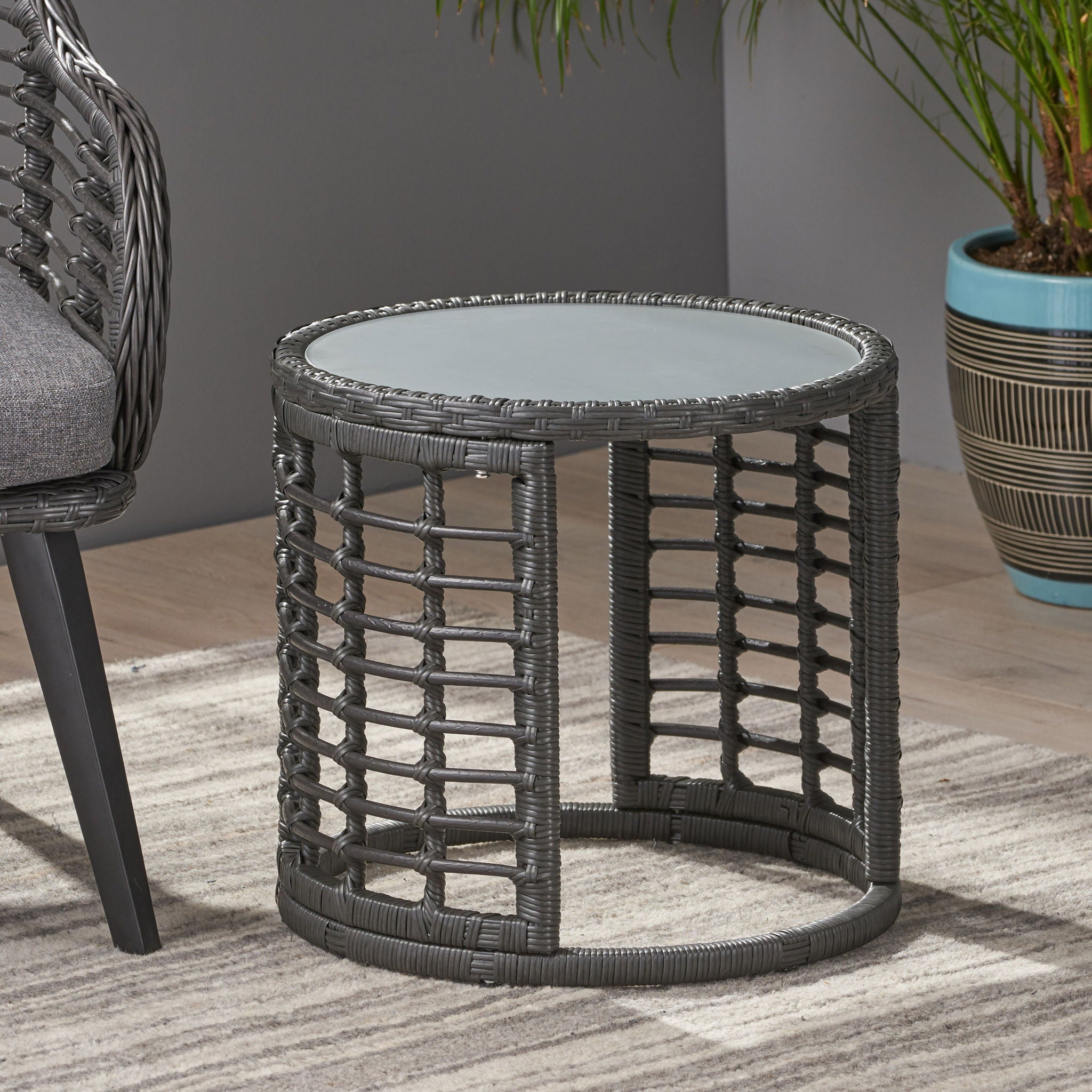 Achill - Outdoor Modern Boho Wicker Side Table With Glass Top - Gray