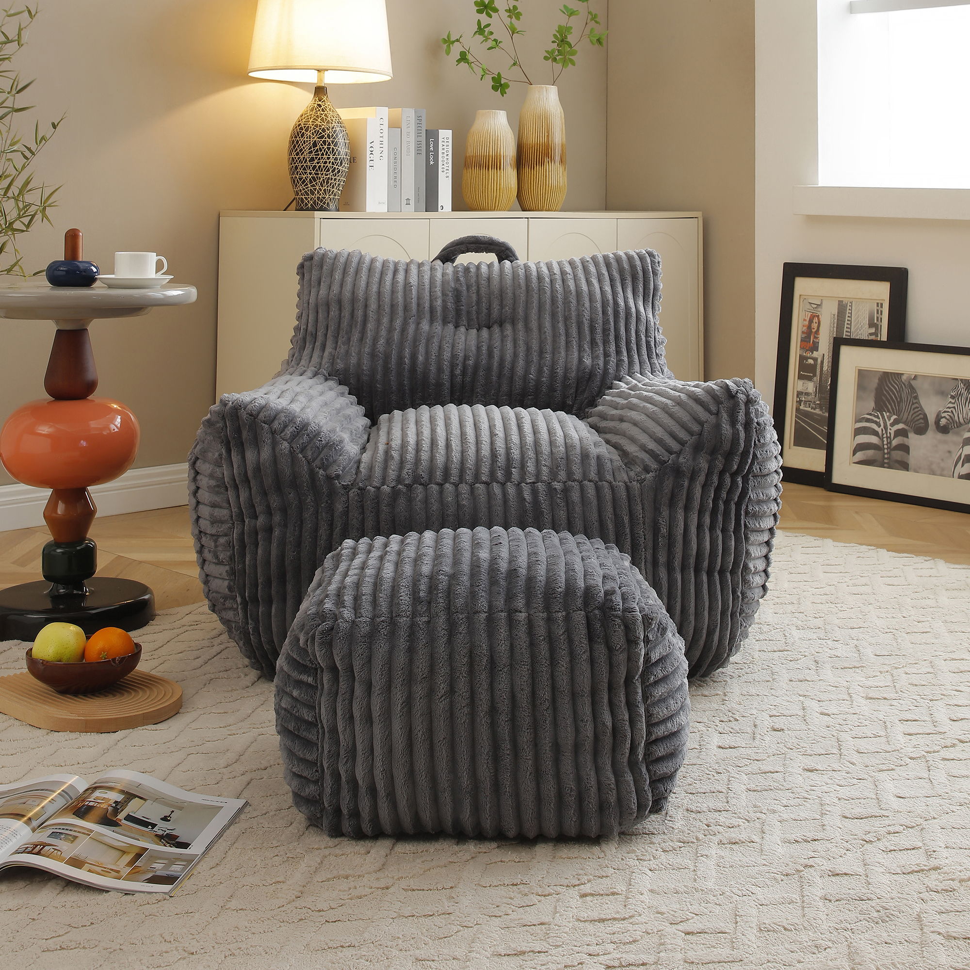 Giant Plush Bean Bag Chair With Armrests And Footstool