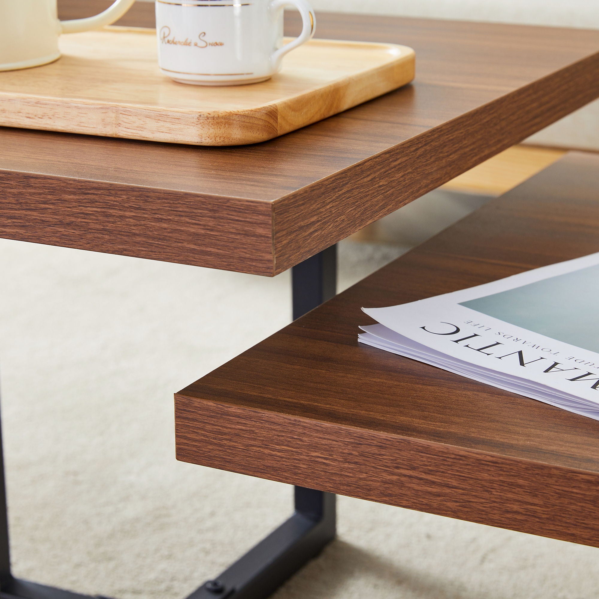 Perfectly Integrating Modern And Scandinavian Styles Double Deck Coffee Table - Walnut