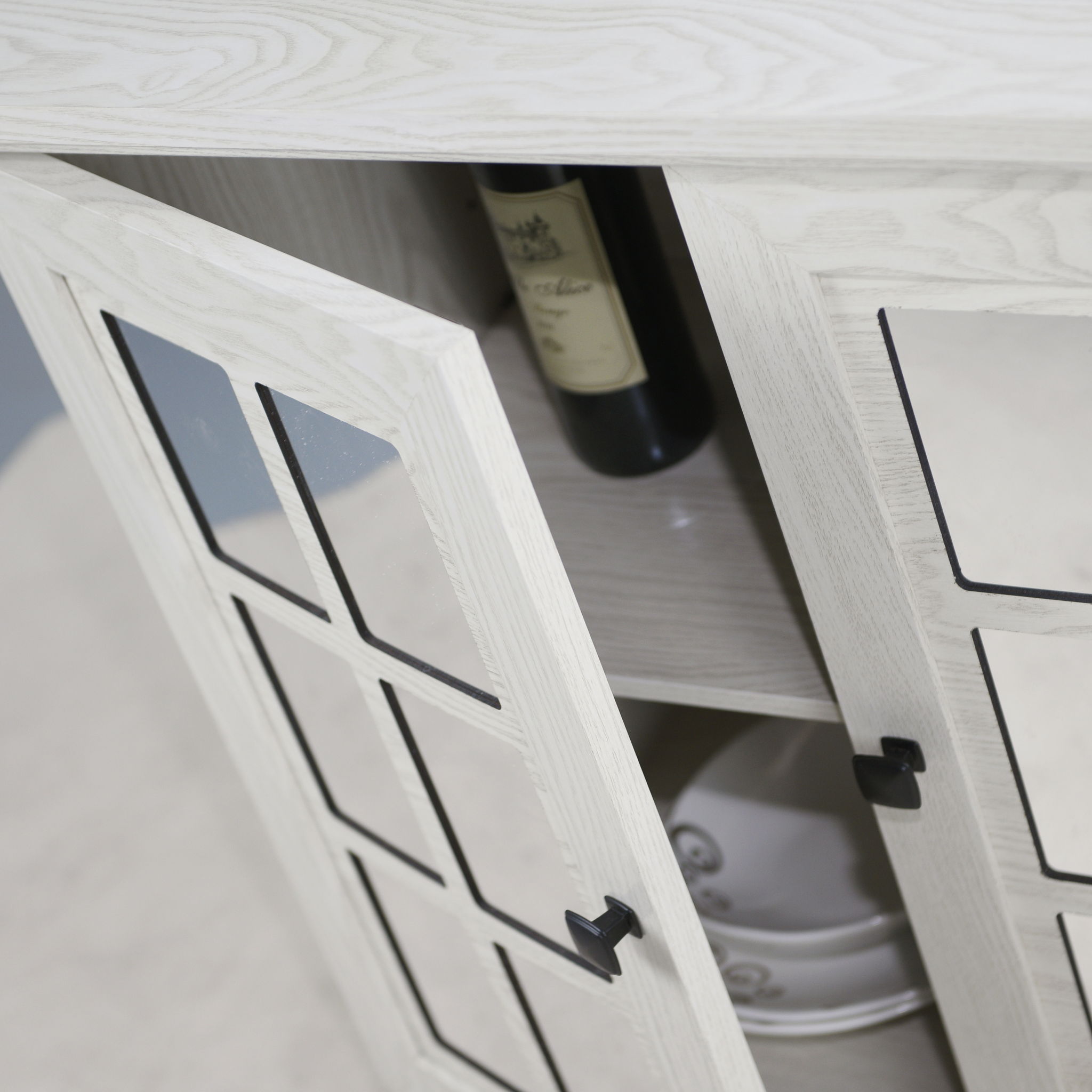 Sideboard Cabinet With Mirrored Doors, Adjustable Shelf, Metal Handles