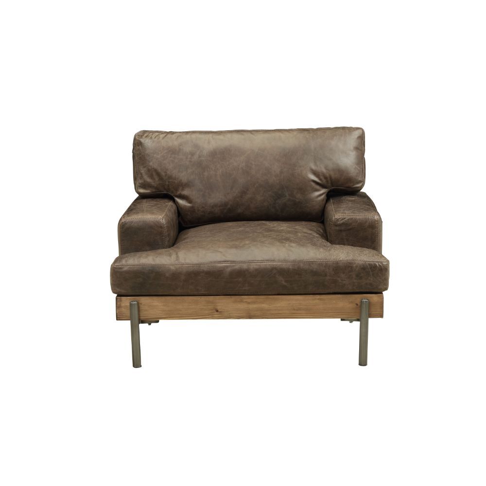 ACME Silchester - Chair - Oak & Distress Chocolate Top Grain Leather | Meri Furniture