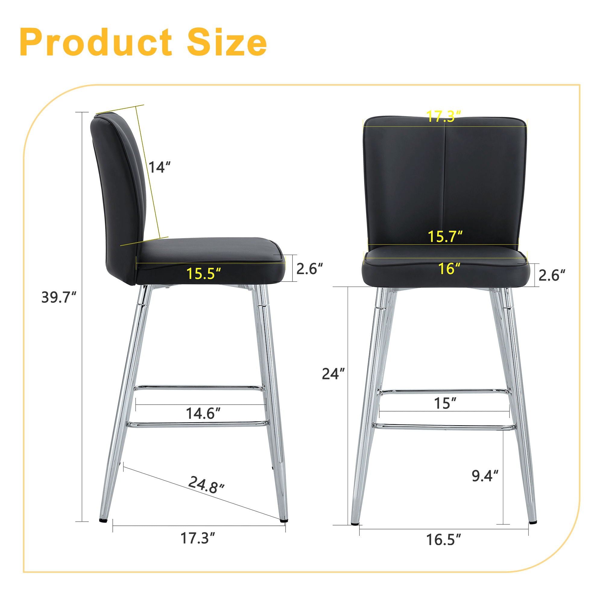 Modern Bar Chair Set Streamlined Backrest Metal Legs 2 Pieces - Black / Silver