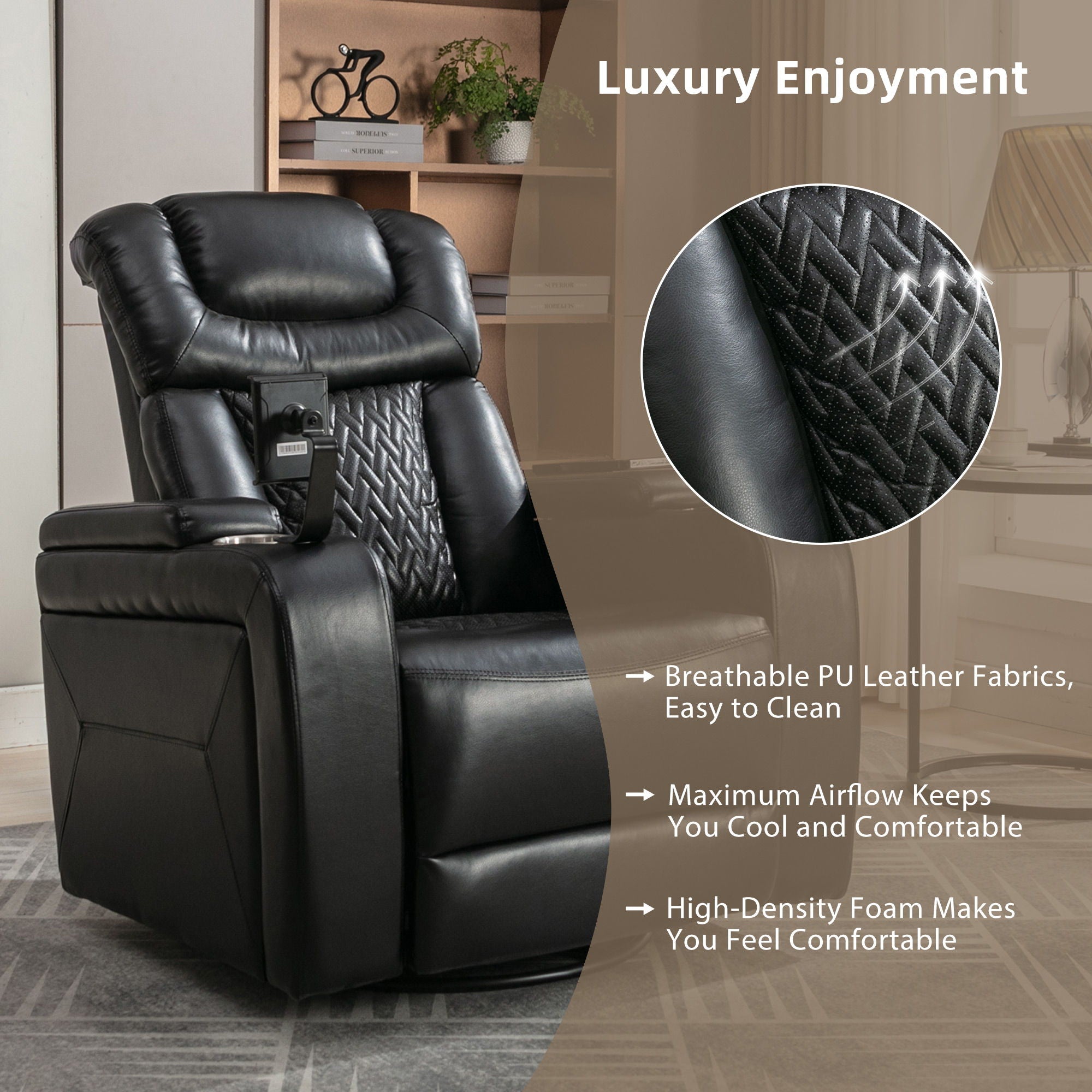 270 Degree Swivel Power Recliner With Tray Table, Phone Holder, Cup Holder, USB Port
