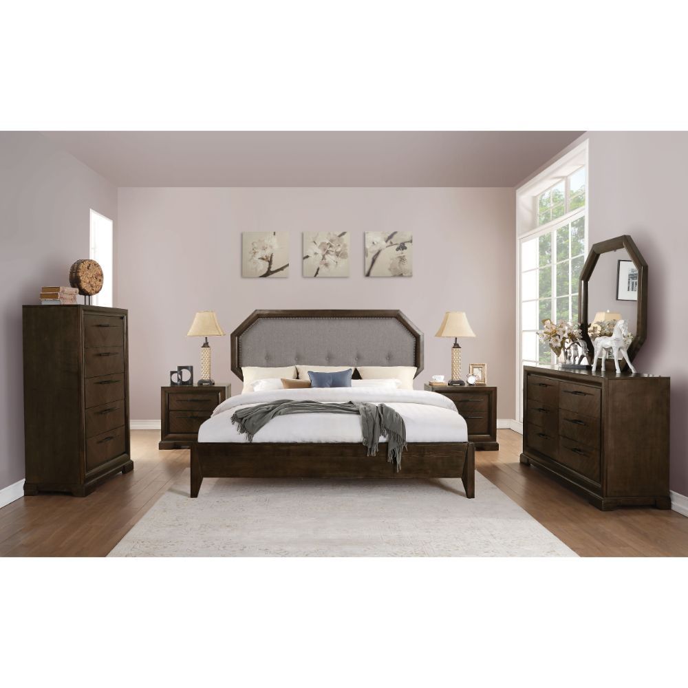 ACME Selma - Queen Bed - Light Gray Fabric & Tobacco | Meri Furniture