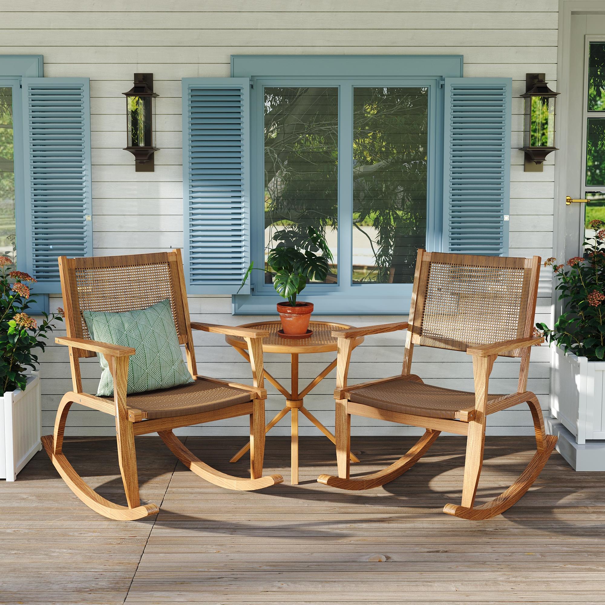 2-Pieces Patio Rocking Chair Set, Acacia Wood Outdoor Rockers with Wicker Rattan Seat & Backrest